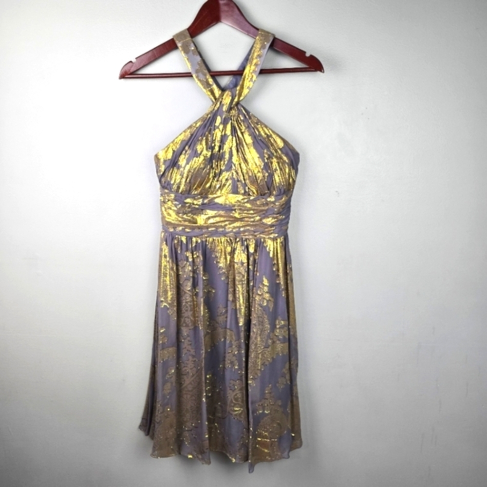 NV COUTURE Silk Mini Dress Halter Metallic Glam Gold‎ Gray Women Size 4 Cocktail